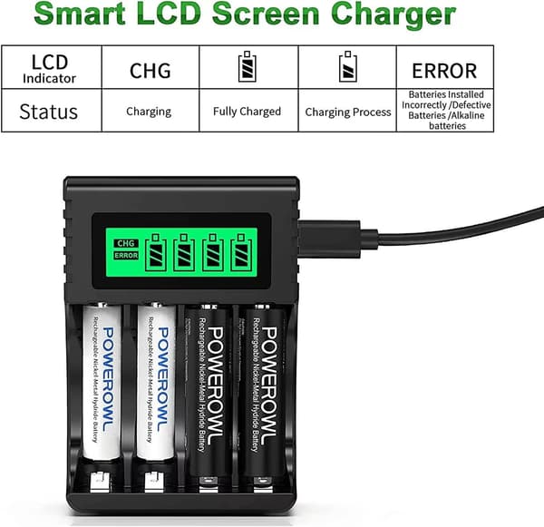 4-spors oppladbar batterilader, hurtiglading for AA- og AAA-batterier med USB-port