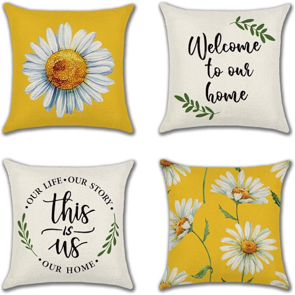 Set med 4 blommiga prydnadskuddfodral 45x45 cm sommar dekorativa fyrkantiga kuddöverdrag soffa färgglada blommor kuddvar