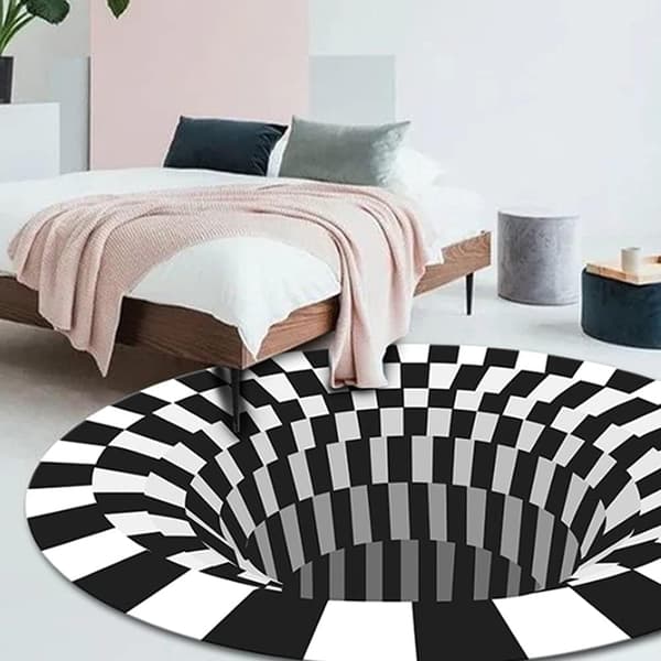 Tæppe med 3D Illusion Vortex, rundt sort og hvidt gittergulvmåtte til soveværelse, stue, kontor (60 * 60CM)