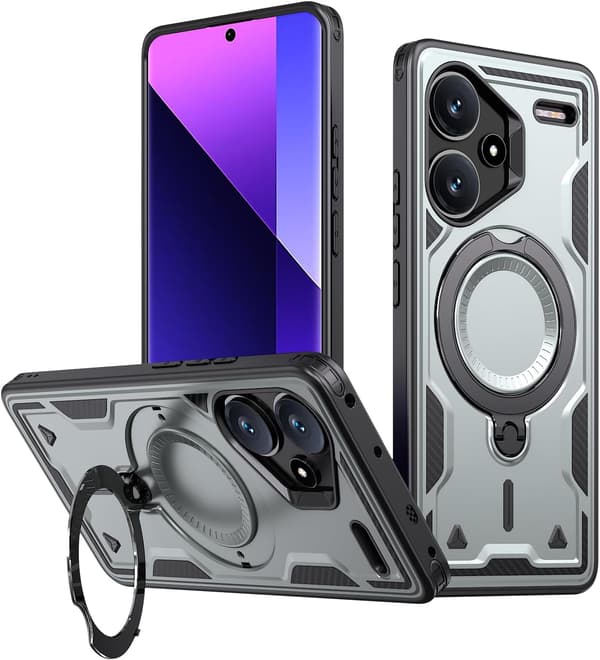 Xiaomi Redmi Note 13 Pro Plus 5G Armor Case, 360 Metallring Støtteben Magnetisk Støtsikker Airbag Bumper Deksel Grå