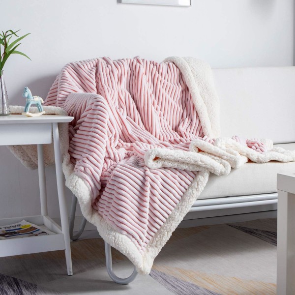 Fleece Teppe Vendebar Sherpa Flanell Teppe Myk Ullteppe Plysj Teppe Varm Koselig Med Stripe Perfekt Kast for Alle Sesonger Pink 60"x80"