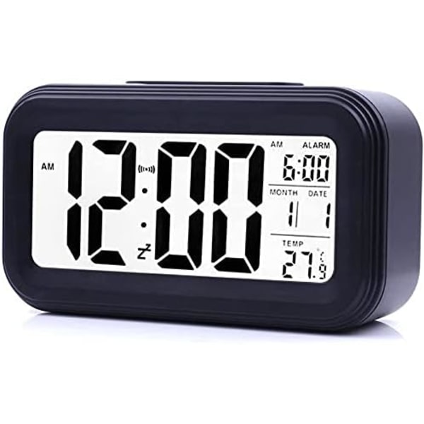 Digitalt vækkeur, 12/24 timers sengeur med LCD-baggrundsbelyst display, ur med dato, kalender og temperatur Black