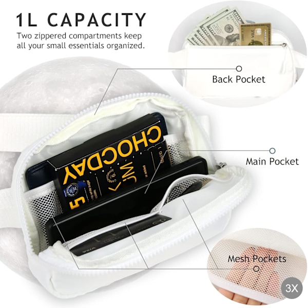 Crossbody Fanny Pack för kvinnor och män, överallt bältesväska med justerbar rem, för utomhusvandring, löpning, resor, casual white