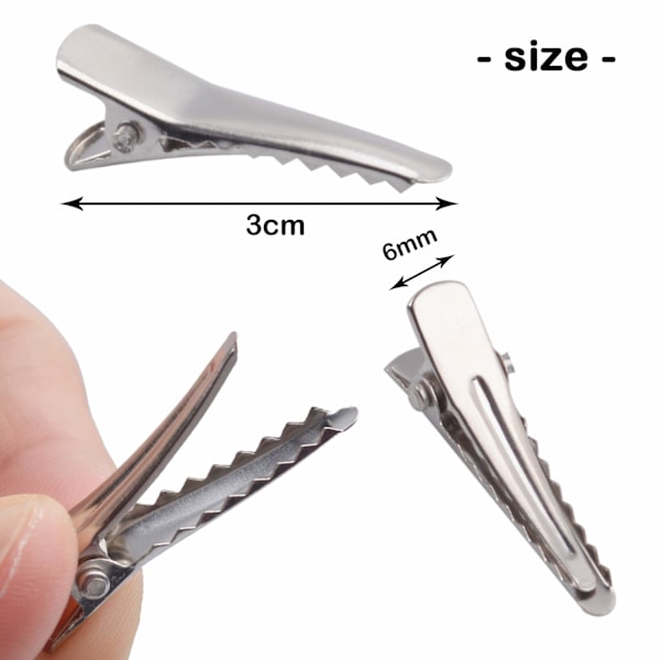 30MM pienet alligaattorin hiuspidikkeet, 100 kappaletta hopeiset metalliset alligaattorin hiusneulat hampaat jouset krokotiilin hiuspidikkeet pidikkeet tarvikkeet 30MM