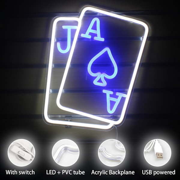 Spillekort Neonskilt for Veggdekor, Poker Kort LED-skilt, Poker Neonlys med USB-drevet for Stue, Bar, Spillrom