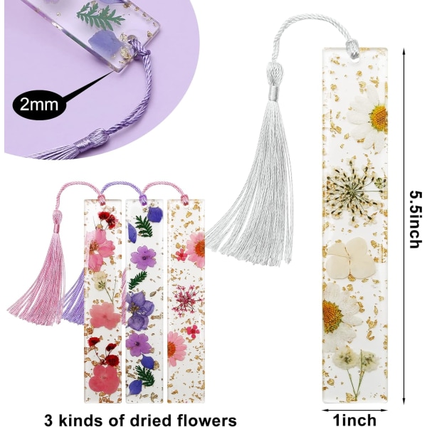 2-pack bokmärken för torkade blommor med tofsar, bokmärken för kvinnor, hållbara handgjorda bokmärken av torkad blomharts