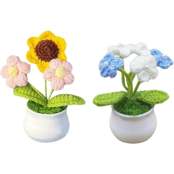 2 Pak Hæklede Potteplanter Strikkede Hæklede Blomster Små Strikkede Blomster i Potte med Plastik Blomsterpotte Hæklet Blomst style 2