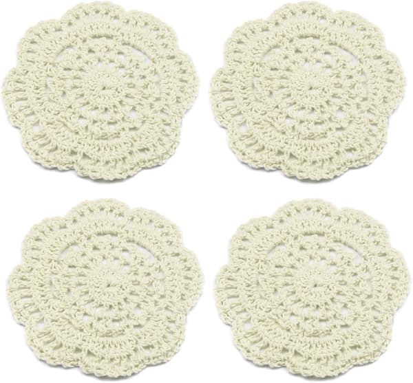 kilofly Små Heklede Bomullsblondebrikker Sett, 4 stk, Beige, Rund, 10 cm