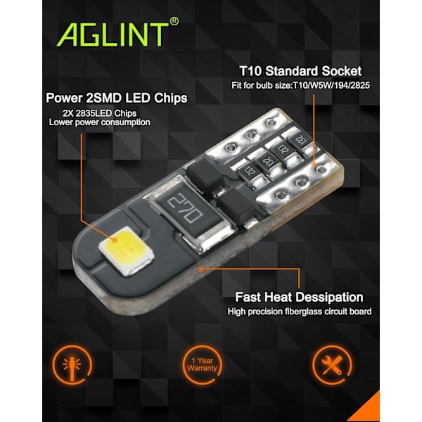 T10 LED-lamput CANBUS 12V Valkoinen Ei Polariteettia Suunniteltu W5W Kiila Auton Sisävalaistus Kupu Rekisterikilven Valot [Energiatehokkuusluokka A+]