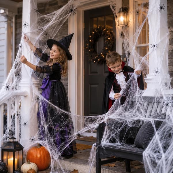 100g Strækbart Hvidt Spindelvæv med 40 Sorte Edderkopper, til Havedekorationer, Fester, Spøgelseshuse, Halloween