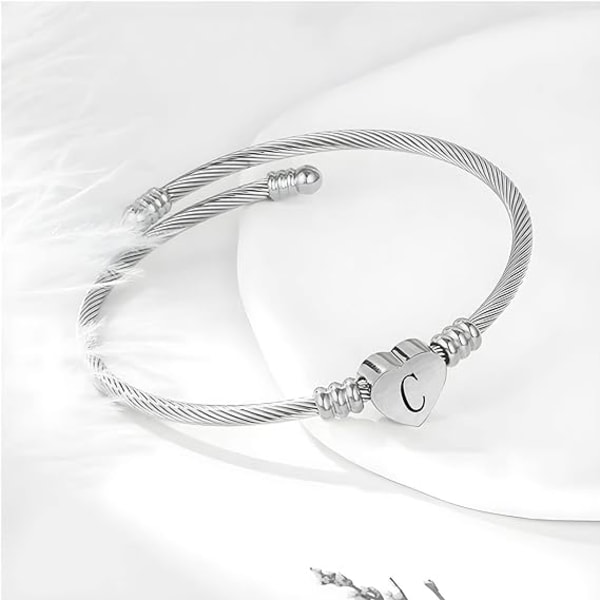 Initial Letter Cuff Armbånd for Kvinner Jenter Utvidbar Kjærlighet Hjerte Sølv Alfabet Armring Familie Mamma Datter Morsdag Valentinsdag Bursdag C