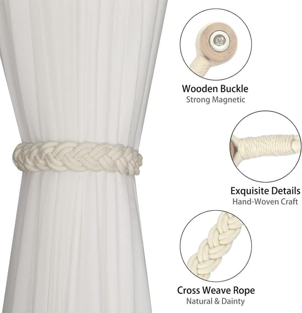 Gardinklämmor Magnetiska Vävda Gardin Hållare Draperi Tie-Back (vit - 2-pack)