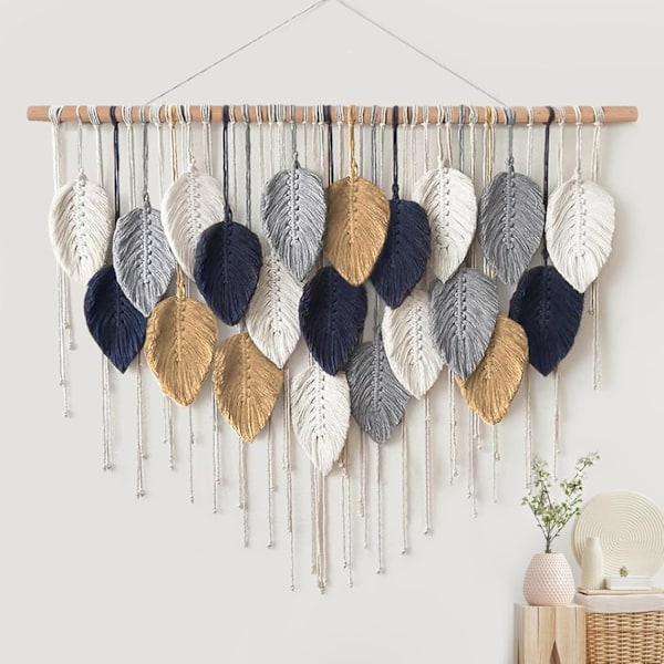 Macrame Väggbonad Stor Gobeläng Vävd Väggbonad Boho Macrame Blad Väggdekoration Fjäder Chic Vävd Konst White-navy-khaki-gray