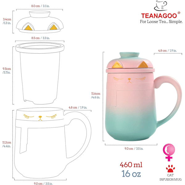 Keramisk Katt-Teinfuser Mugg med Lock, 460 ML / 16 Oz, Gradient Rosa till Grön, Katter och Te, Stor Japansk Keramisk Muggset