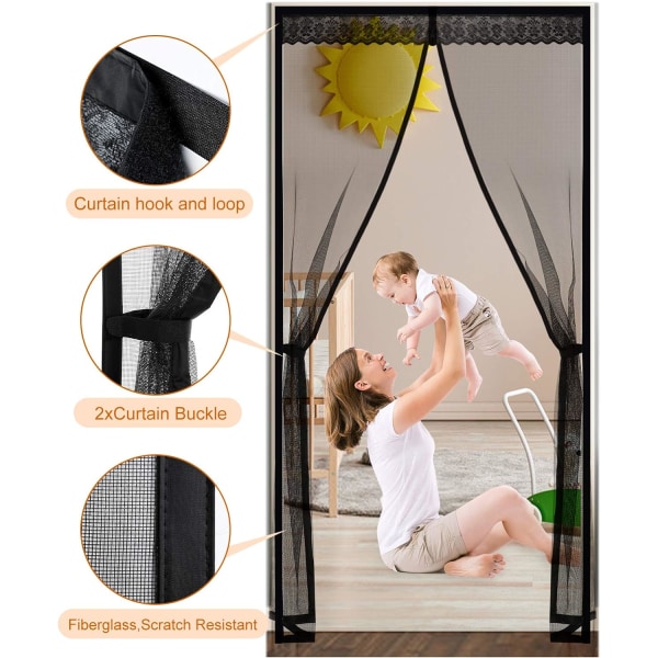 FIBERGLASS MAGNETISK DØRSCREEN, MYGGNETT FLYGARDIN MED FULL RAMME HÅK & LØKKE ENKEL Å INSTALLERE, MYGGNETT Black 100*210CM
