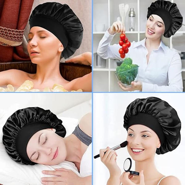 Hårhætte til søvn, bred elastisk satin hætte silkehætte brusehætte til kvinder piger makeup hårpleje elastisk hat