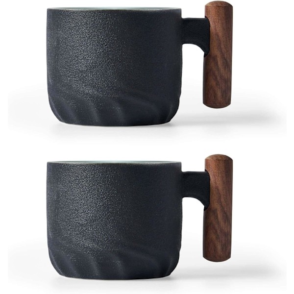 Keraamiset espressokupit puisella kahvalla, espressokupit, keraamiset teekupit, posliiniset demitasse-kupit, 89 ml (musta, 2 kpl)