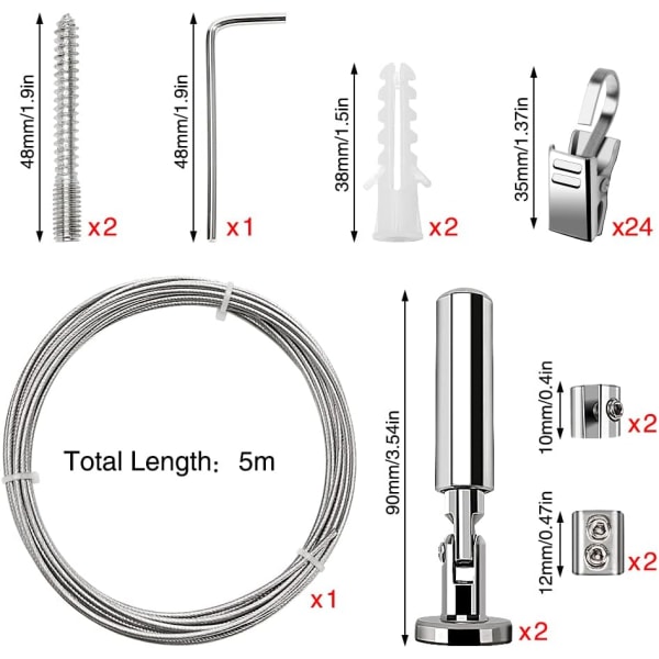 5m Verhokiskosarja, 24 kpl Ruostumattomasta Teräksestä Valmistettuja Koukkuja, Teräksinen Verhokiskos, Kuvien, Valokuvien, Muistiinpanojen, Verhojen, Lastenhuoneen Taideseinäkoristeiden Ripustamiseen