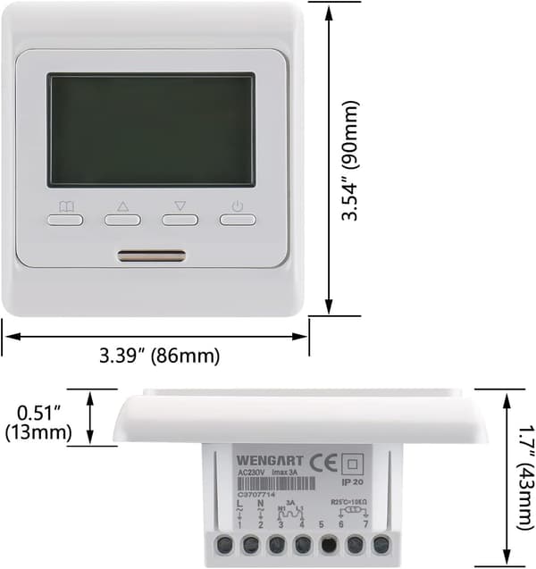 Programmerbar rumstermostat, digital display AC230V Max3A, fungerar för golvvärme WG806 vit