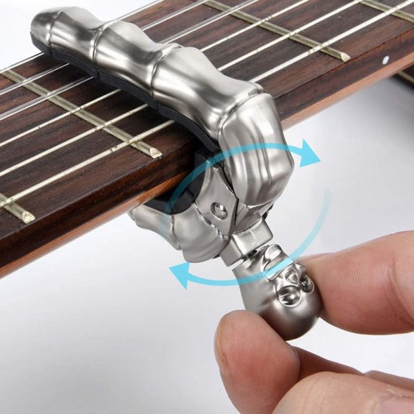 Gitarr Capo Skull Capo för Akustisk och Elektrisk Gitarr Skelett Huvud Ukulele Capo med 5 Plektrum Silver