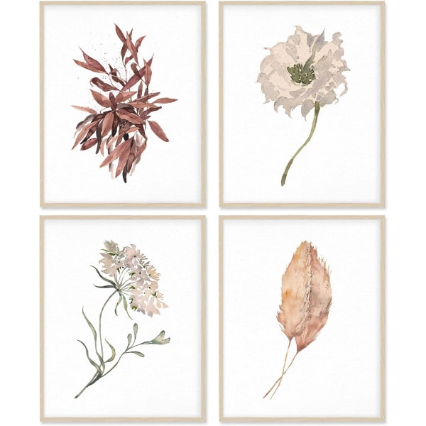 Växtposter Boho Art Botaniska Tryck Väggdekor, 8x10 Oinramad Poster Canvas Tryck Dekoration Set om 4, för Vardagsrum