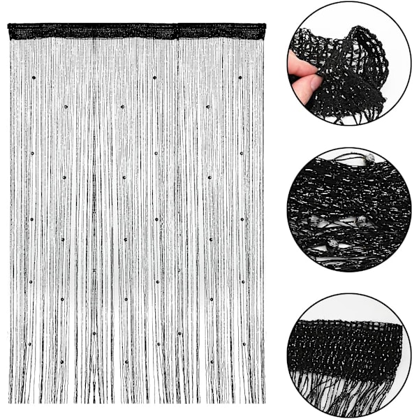 Trådgardinpanel, Glitter Dörr Vägg Fönster Dörröppningar Panel Flugskärm Frans Rumsavdelare Persienner, Tofsband Black