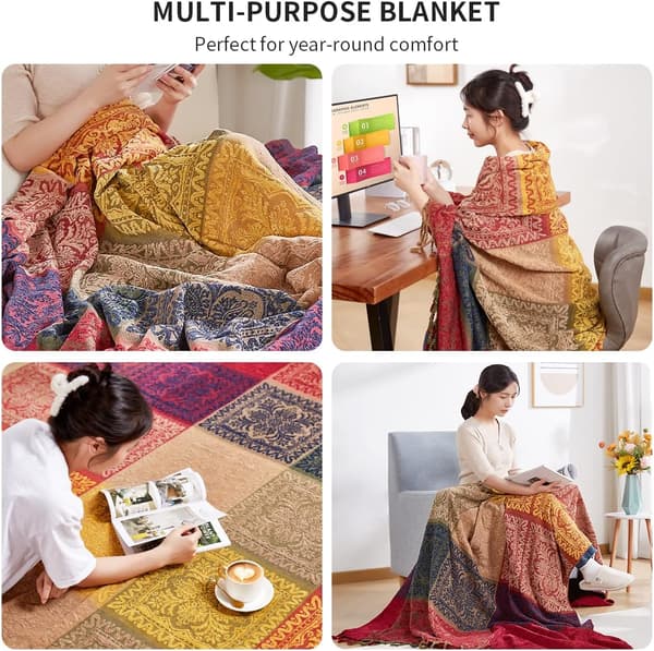 Boho sofföverdrag, Chenille Jacquard tofsar kastar filtar för soffa säng, dekorativt sofföverdragsskydd