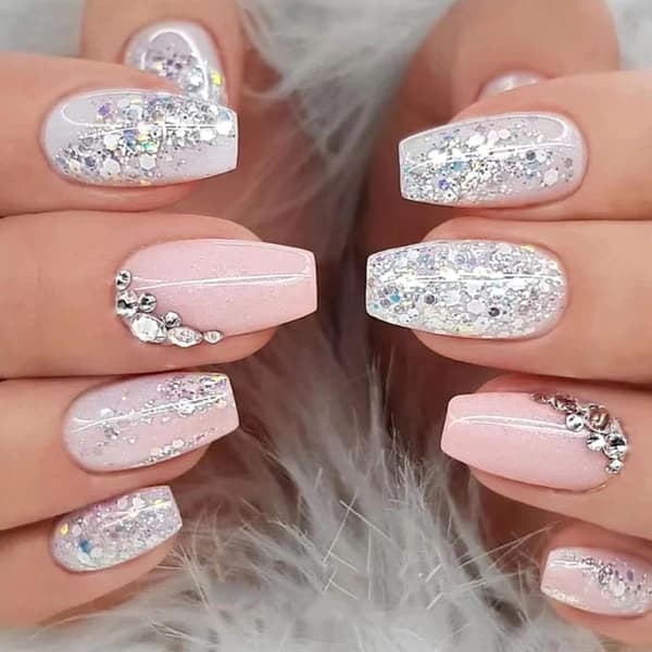 Silver Glitter Press on Nails Medium Square Fake Nails with Rhinestones Design Glossy Pink White Artificial False Nails