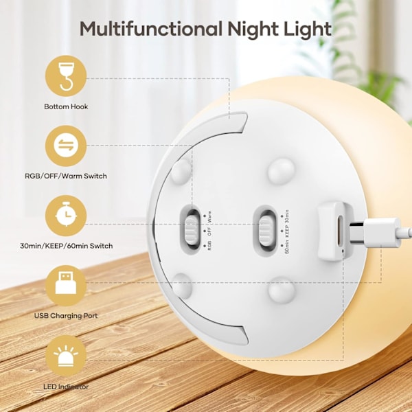 LED Natlampe, Natlampe til Børn, USB Genopladelig Bordlampe med Dæmpning, 7 Farver, Touch Kontrol, 0.5/1 times Timer
