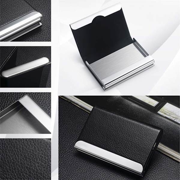 Visitkort Holder, PU Læder, Rustfrit Stål, med Magnetisk Lukning black