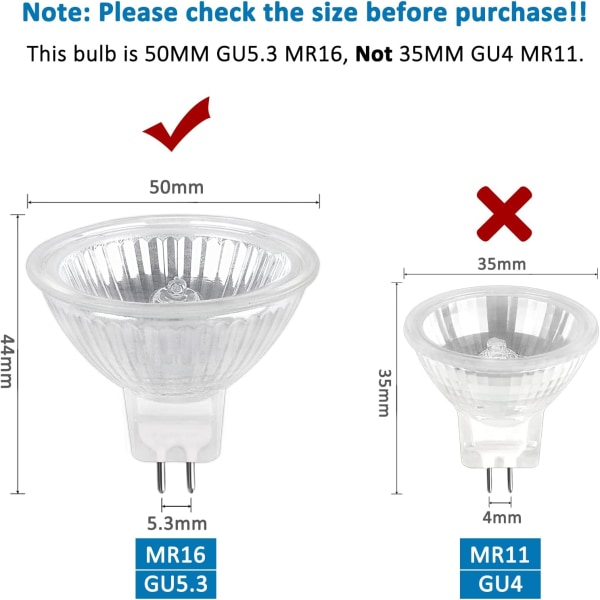 Halogenpære GU5.3 50W 220V, 680lm Varm Hvid 2700K Dæmpbar, MR16 Halogen Spot Pære, 6-pak