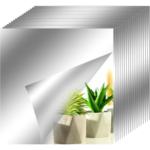 18 stk dekorativt selvklæbende spejl Sølv firkantet spejl Aftageligt dekorativ mosaik Selvklæbende badeværelse Stue Soveværelse （15 × 15） cm