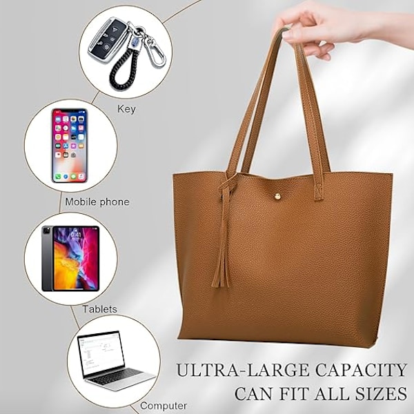 Stor Damväska, Stor Collegeväska för Laptop, Axelväska, Tote Shopper Väska, Stor Väska, PU-Läder Tote Väska, 2-pack Marrón