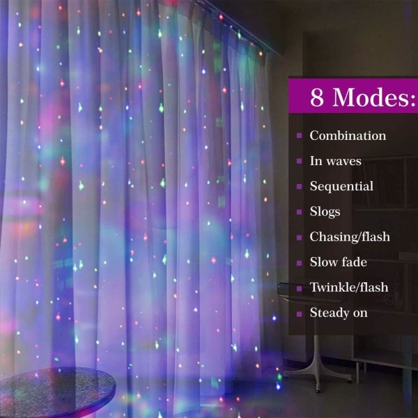 LED-verhovalot, ikkunan verhon keijun tuikkuvalot 3mx3m 300 lediä USB-käyttöinen 8 tilaa Jääpuikko LED-valosarja kaukosäätimellä ja ajastimella Multi-colored