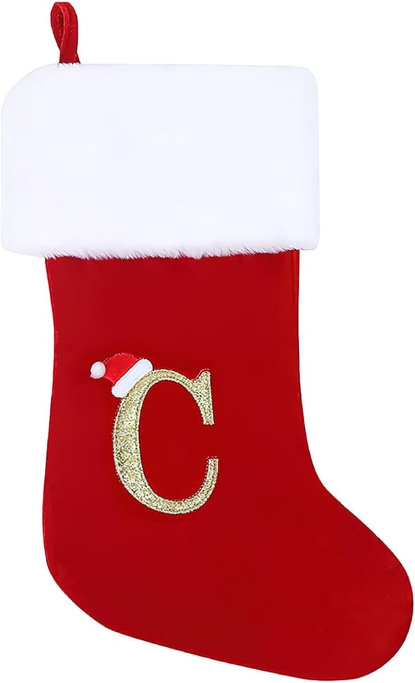Personliga Julklappsstrumpor 50 cm Initial Monogram Broderad Bokstav Julstrumpa Röd Sammet Julstrumpor(C)