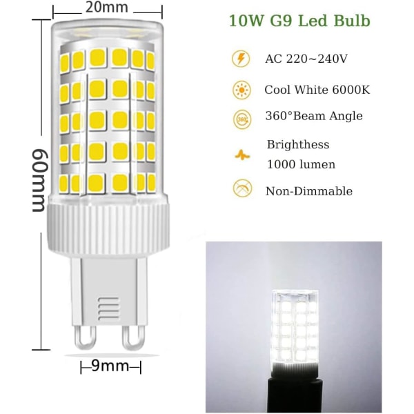 Sæt med 3 G9 10W LED-pærer, svarende til 150W halogen, 86 LED'er, 1000Lm, 360° strålevinkel, AC220-240V, ikke-dæmpbar, kølig hvid 6000K Cool White 6000K