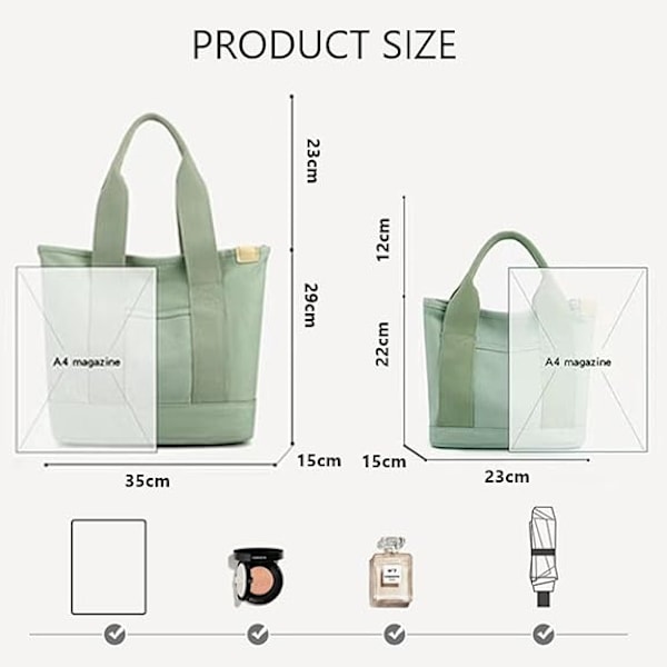 Canvas Tote Bag med Lommer for Kvinner, Skulderveske, Stor Kapasitet Skulderveske med Justerbar Stropp, for Shopping, Arbeid og Reise verde L