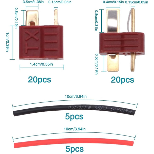 20 Par Anti-Slip T-Stikkontakter til Han og Hun, Deans-Stil Han- og Hun-Stik med 1m Varmekrympe-Slange til RC ESC Batteri