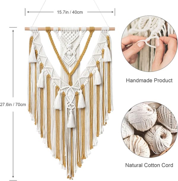 Macrame vävd väggbonad Boho geometrisk vävd gobeläng Beige & Gul Bomull Handgjord bohemisk konstdekor