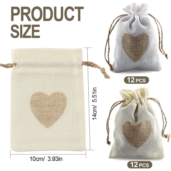 24 stk. Burlap-poser med snøre og hjertemønster, slikgavepose, jutepose dåbspose, bryllupslys til slikgaver gavepose