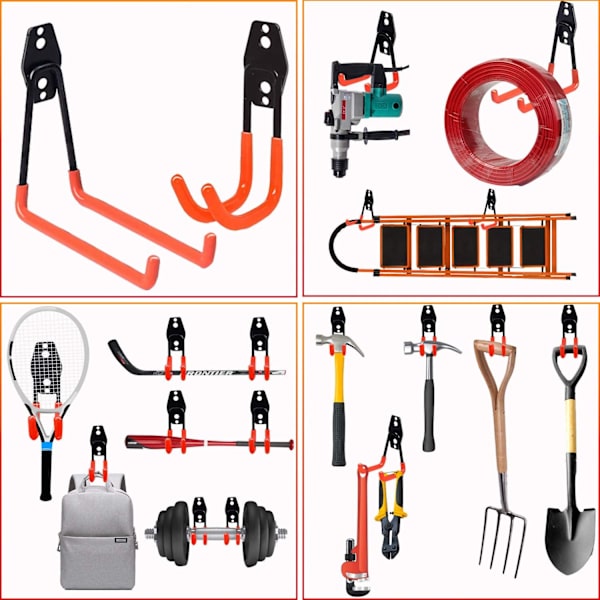 14 stk. garagevæghæk, garageopbevaring, stærk stål væghæk til stige, cykler, rør, elværktøj (orange)