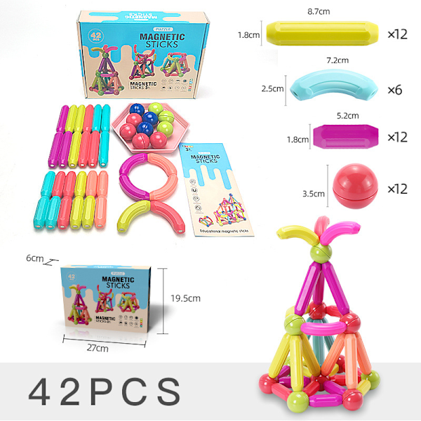 Magnetiska Stavar Set, Magnet Byggpinnar Set, Byggklossar, STEM Staplingsleksaker för Barn 3+ (flerfärgad-42 st)
