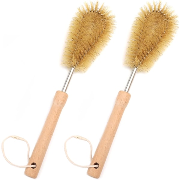 Pack Natural Pig Bristle Bottle Brush (30cm, Type V), with Beech Wood Handle, Cleaning Brush, Cup Brush with Thick Handle for Dishwashing, Bottle
