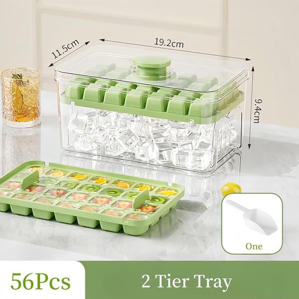 Isbitsform med lock och behållare, 56 st isbitsformar, 2 brickor & is-skopa (Grön)