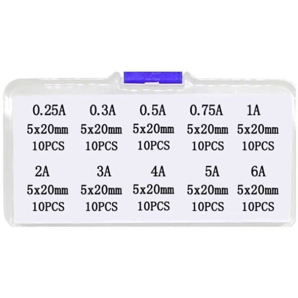 100 st säkringar, 520 mm säkring, snabbsäkring 0.25A6A-glassäkring