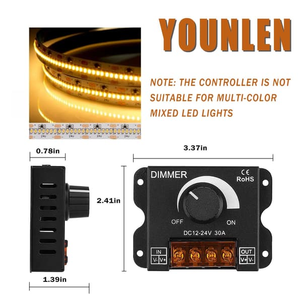 LED-vriddimmer Dimningskontroll DC 12V-24V 30A PWM Dimmerknapp för justering av ljusstyrka (2-pack)