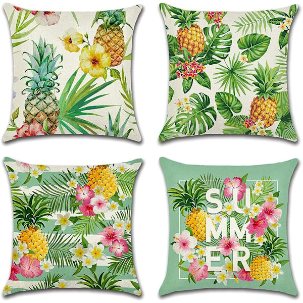 Set med 4 Dekorativa Kuddfodral 45x45cm, Tropiska Växter och Ananas Vattentäta Kuddfodral, Perfekt för Trädgårdsbänk
