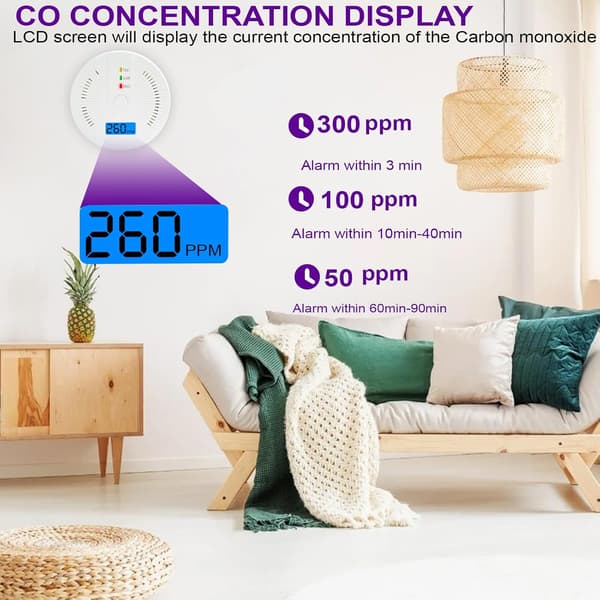 Kolmonoxiddetektor, kolmonoxidlarm för hemmet med LED-display - inga AA-batterier krävs.