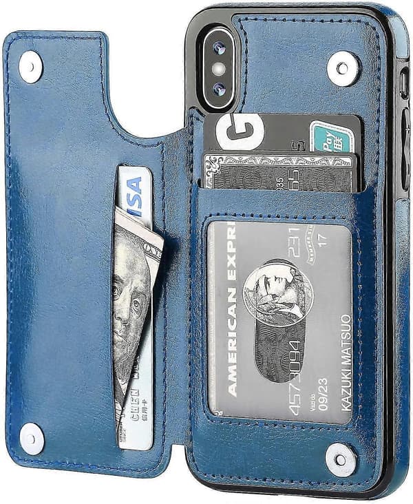 Iphone Xs Iphone X Wallet Case Med Kortholder, Dobbelt Magnetisk Lås - Blå