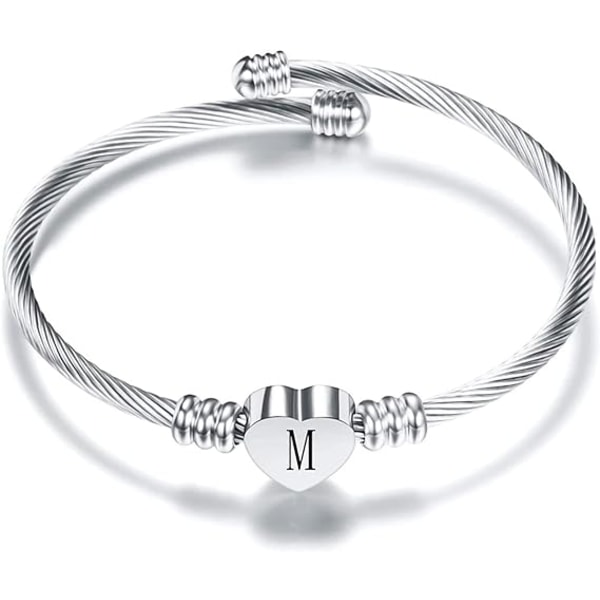 Initial bogstav manchet armbånd til kvinder piger udvidelig kærlighed hjerte sølv alfabet bangle familie mor datter mors dag valentins fødselsdag M